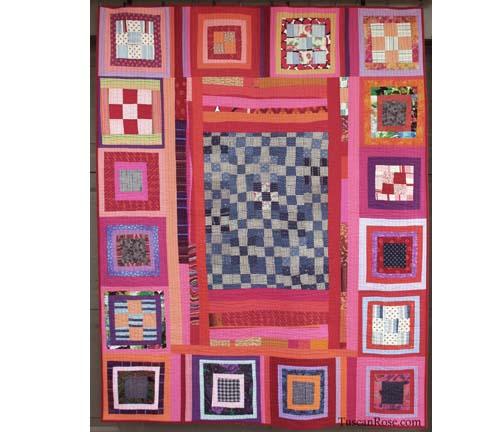 Pink June Art Quilt repurposed vintage fabric